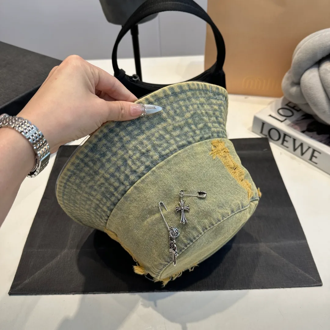 P60 Croxin spring and summer new denim fisherman hat, retro old street style, washed and torn edges, photo-taking item